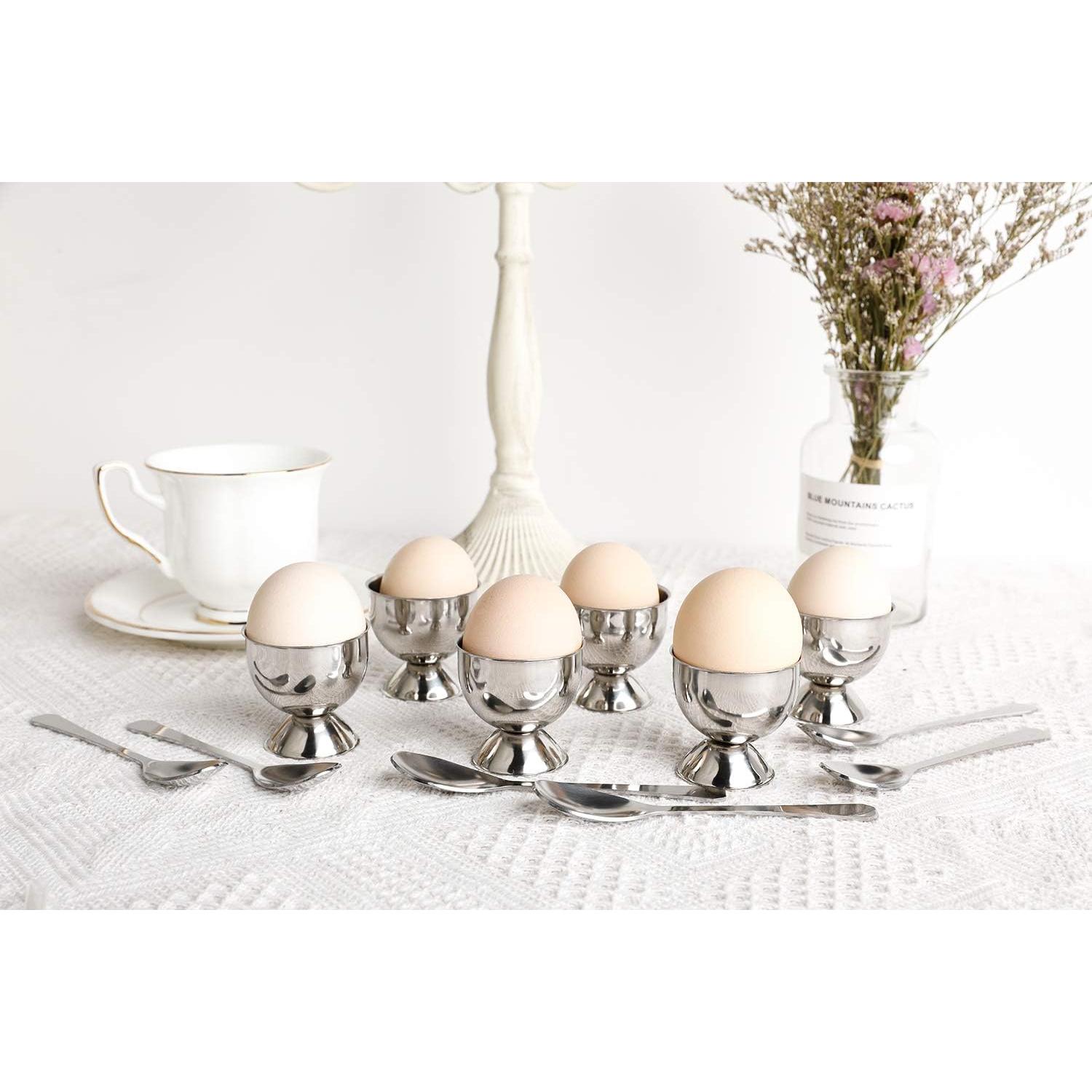 Juego de Tazas de Huevo Acero Inoxidable 6 Soportes y Cucharas