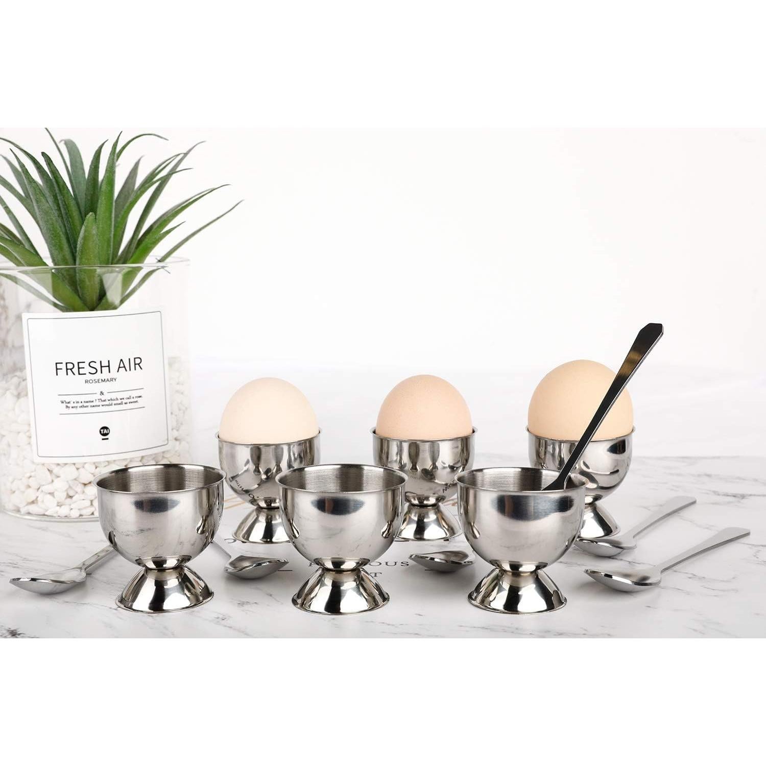 Juego de Tazas de Huevo Acero Inoxidable 6 Soportes y Cucharas
