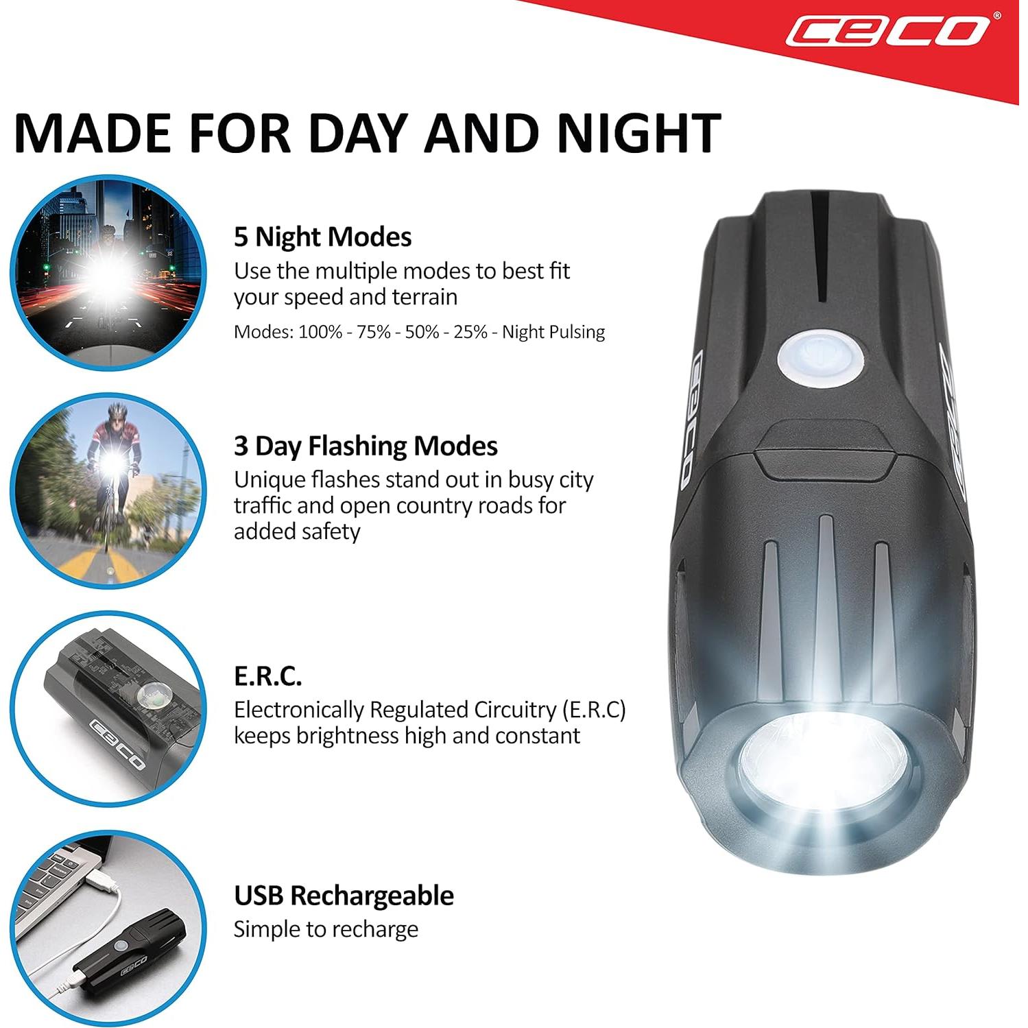 Faro de Bicicleta CECO F1200 1200 Lúmenes USB IP67 Resistente