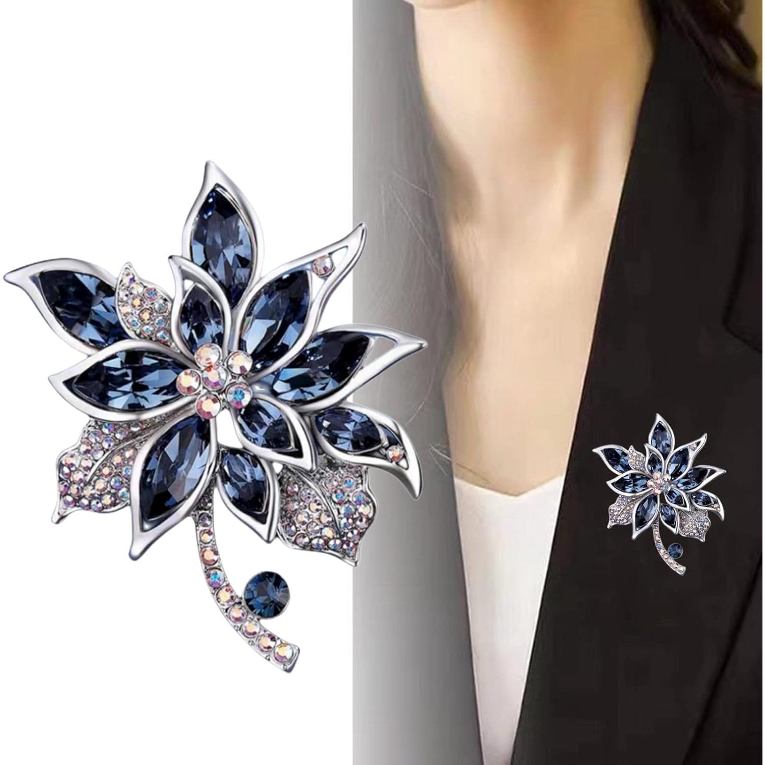 Broche de flor azul con strass para mujeres - Joyería elegante