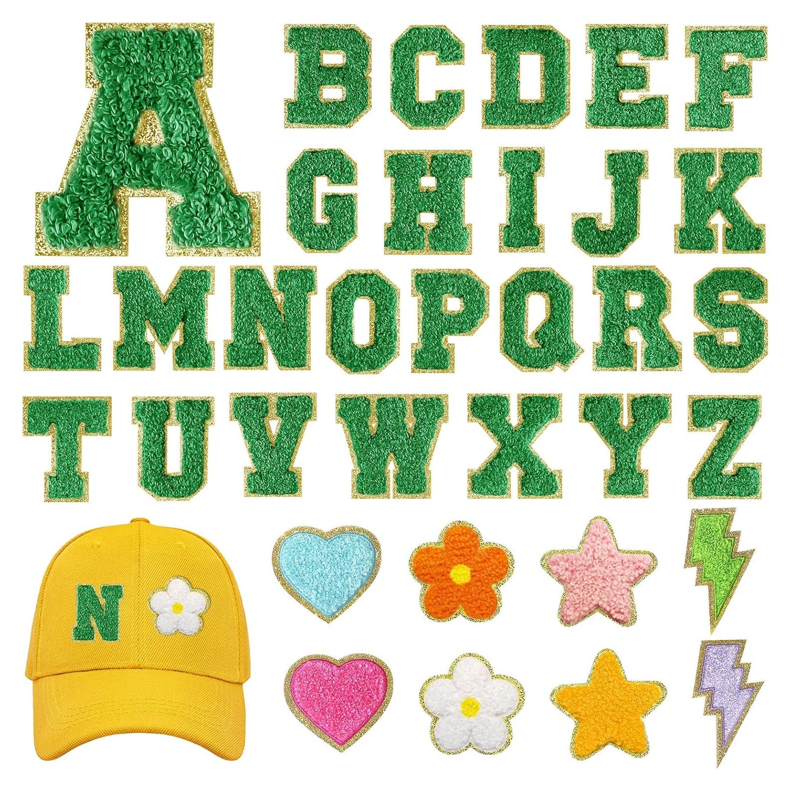 Parches Bordados Chenille MEEZY 34 Pcs Letras A-Z Verde