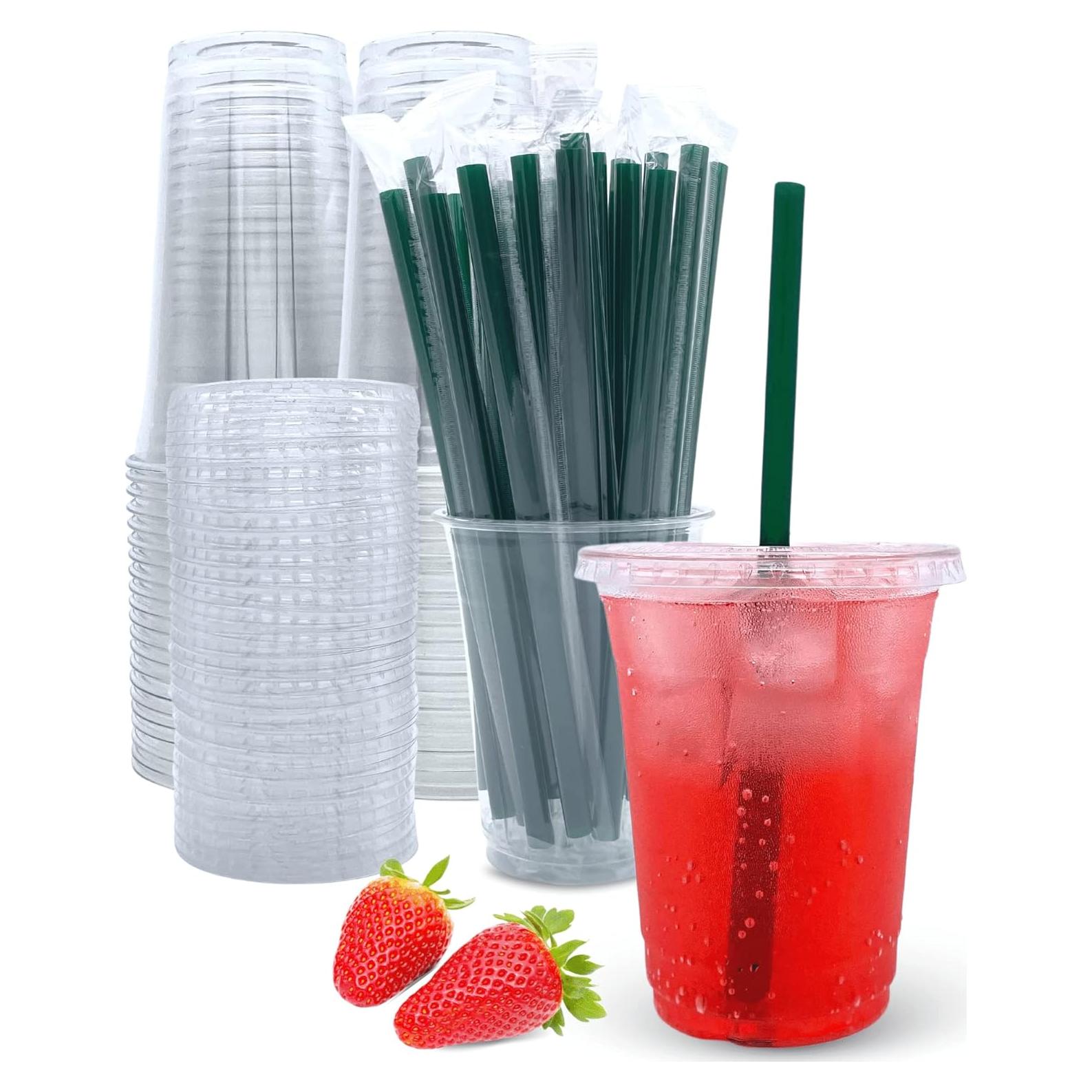 Vasos de Plástico Aatriet 12 oz Transparentes con Tapas y Pajitas - 25 Piezas