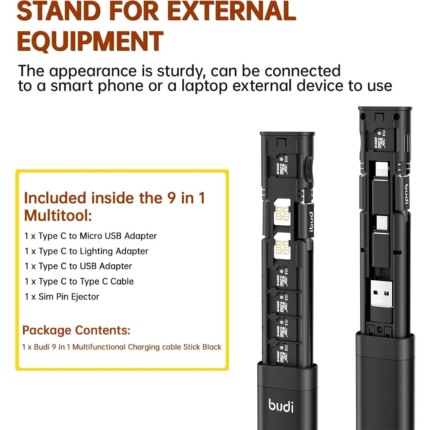 Cable Multifuncional BUDI 9 en 1 Tipo C con Lector de Tarjetas