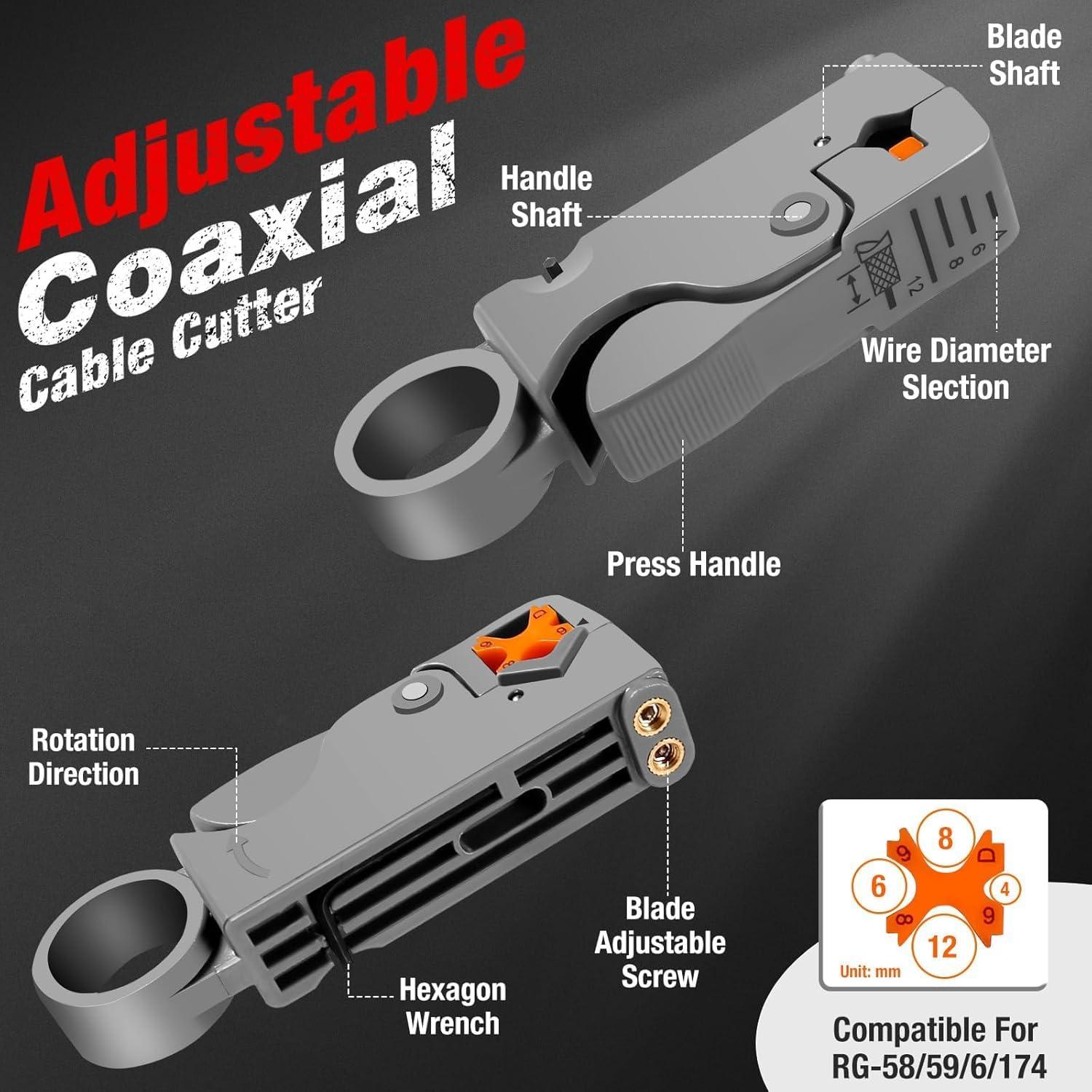 Crimpadora de Cable Coaxial ELenest RG59 RG6 Kit 3-en-1