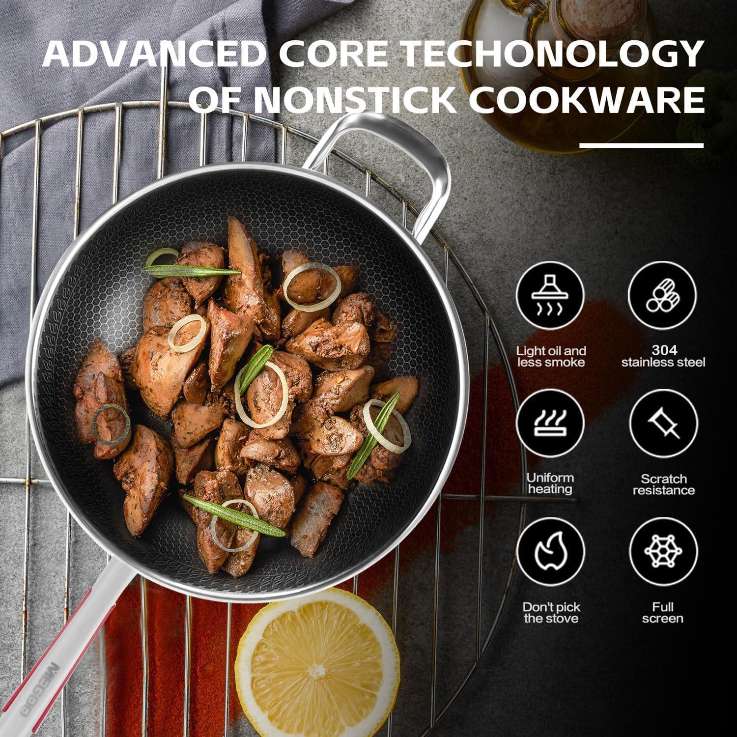 Wok Antiadherente MEGOO 32cm Acero Inoxidable con Tapa