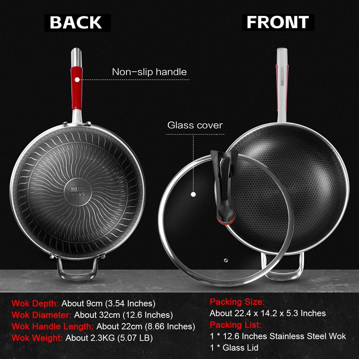 Wok Antiadherente MEGOO 32cm Acero Inoxidable con Tapa