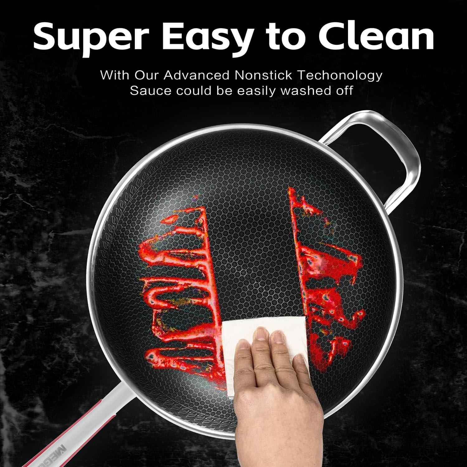 Wok Antiadherente MEGOO 32cm Acero Inoxidable con Tapa