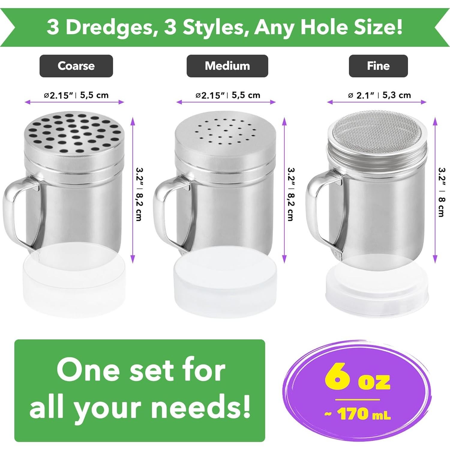 Juego de 3 Dredges CUSINIUM 6oz Acero Inoxidable con Mango