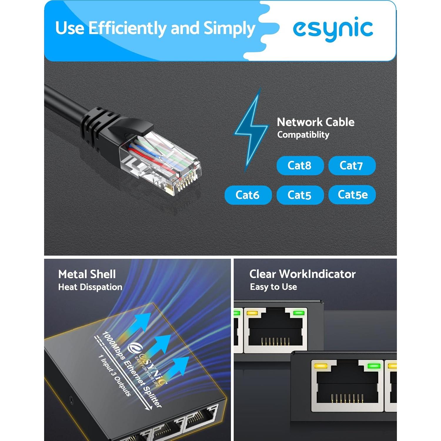 Divisor Ethernet eSynic 1 a 3 RJ45 1000Mbps Metal