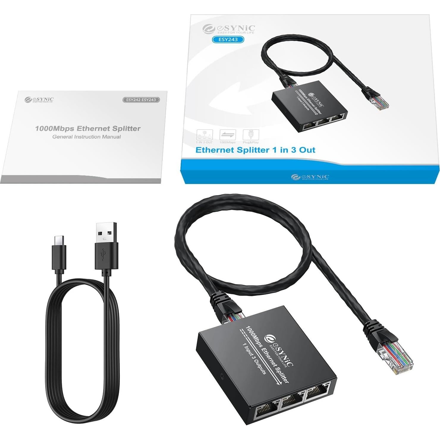 Divisor Ethernet eSynic 1 a 3 RJ45 1000Mbps Metal