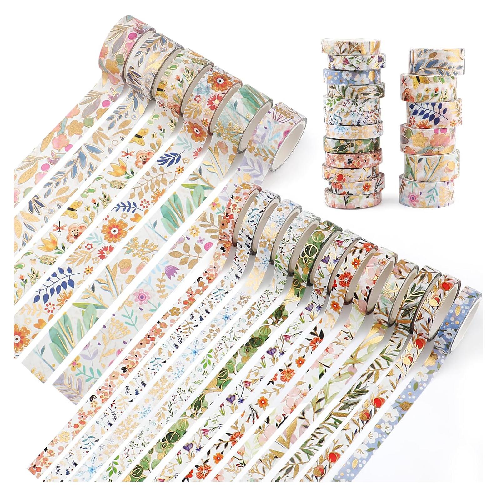 Juego de 18 Rollos de Cinta Washi Floral Dorada 15mm y 7.5mm