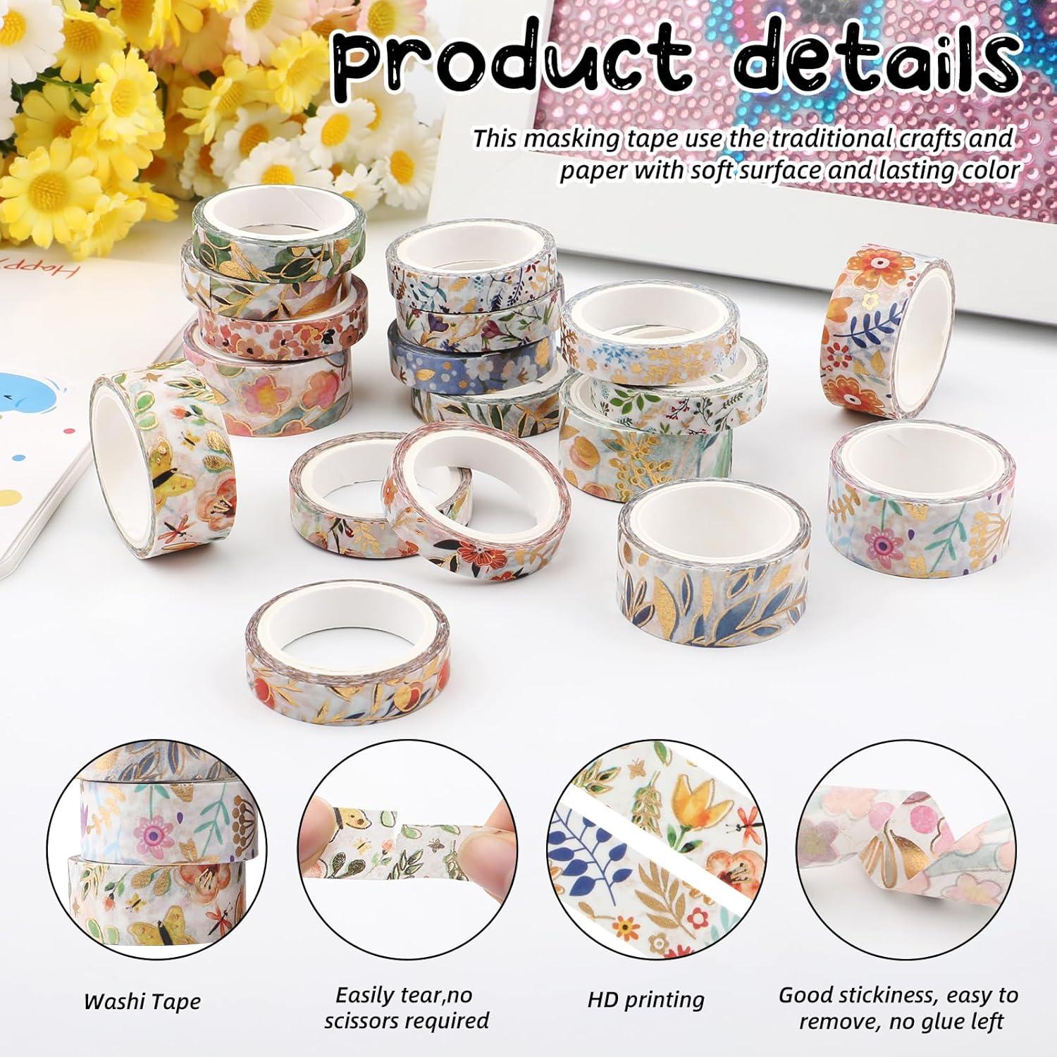 Juego de 18 Rollos de Cinta Washi Floral Dorada 15mm y 7.5mm