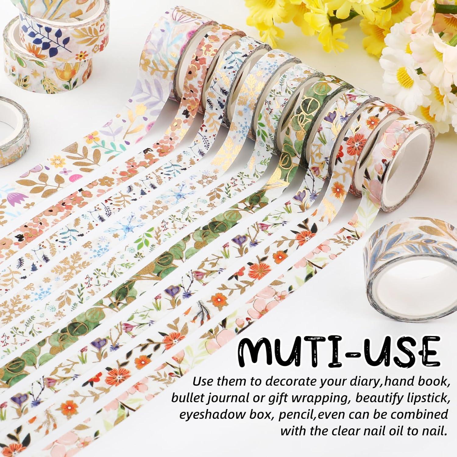 Juego de 18 Rollos de Cinta Washi Floral Dorada 15mm y 7.5mm
