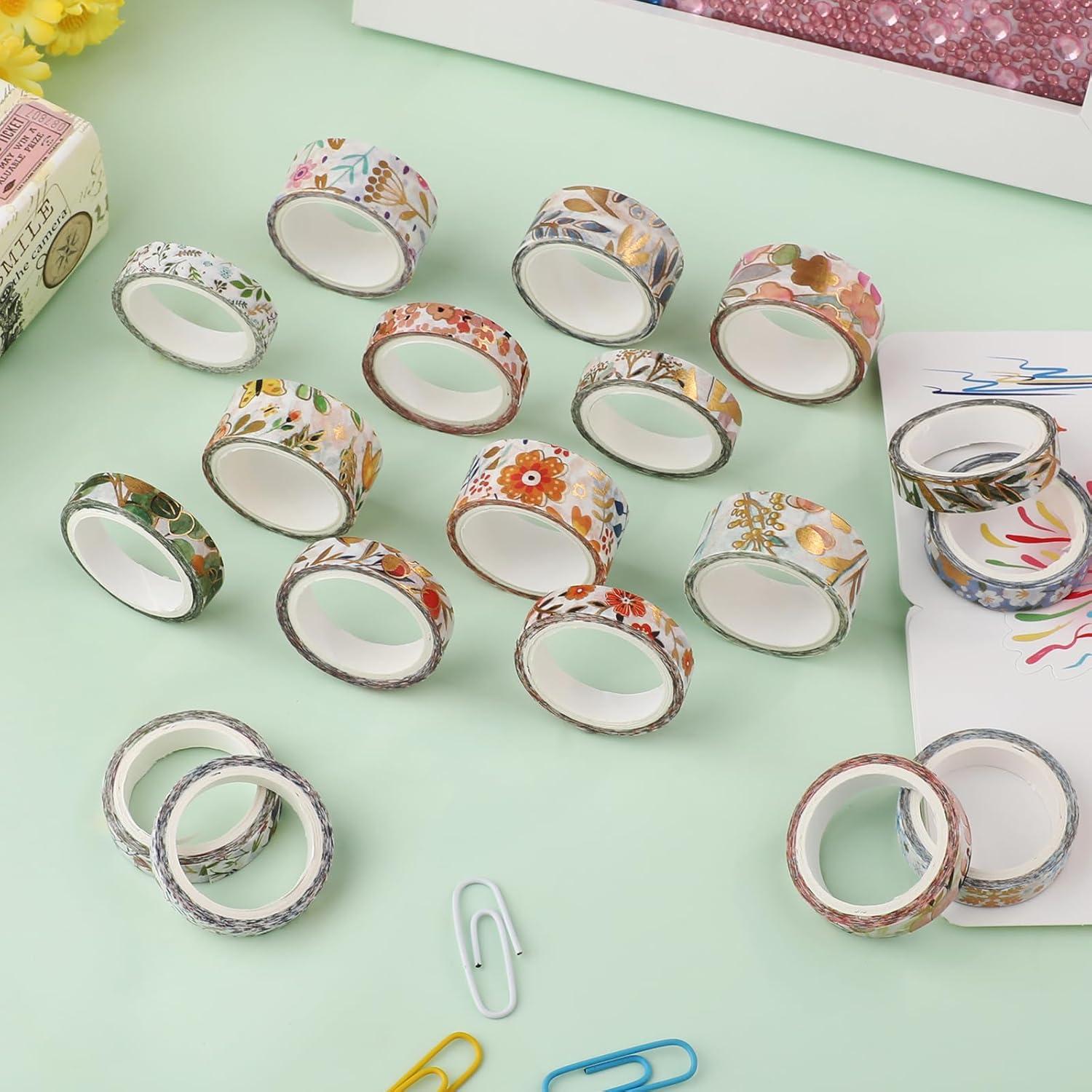 Juego de 18 Rollos de Cinta Washi Floral Dorada 15mm y 7.5mm