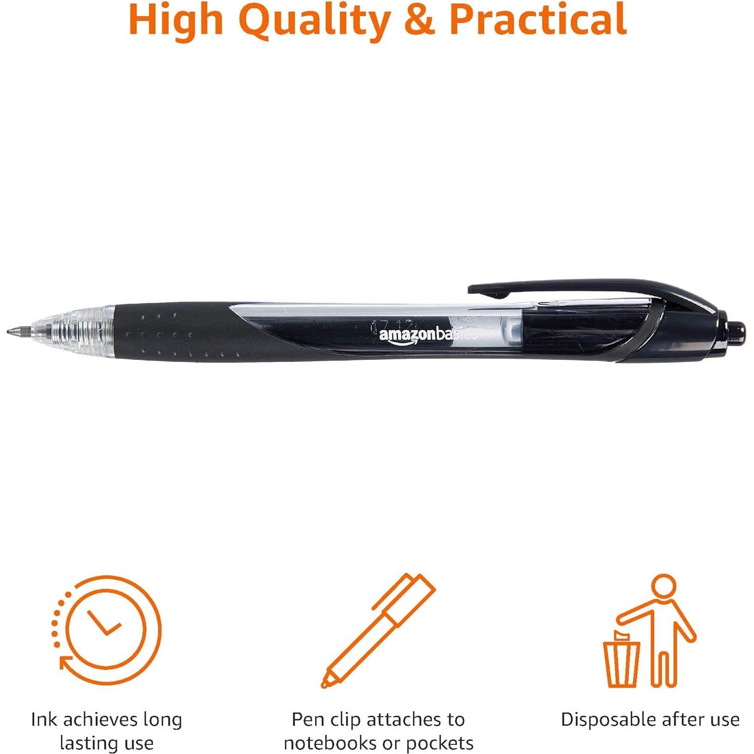 Bolígrafos de Gel Retráctiles Amazon Basics, Punta Fina 0.7mm, Negro, Paquete de 12