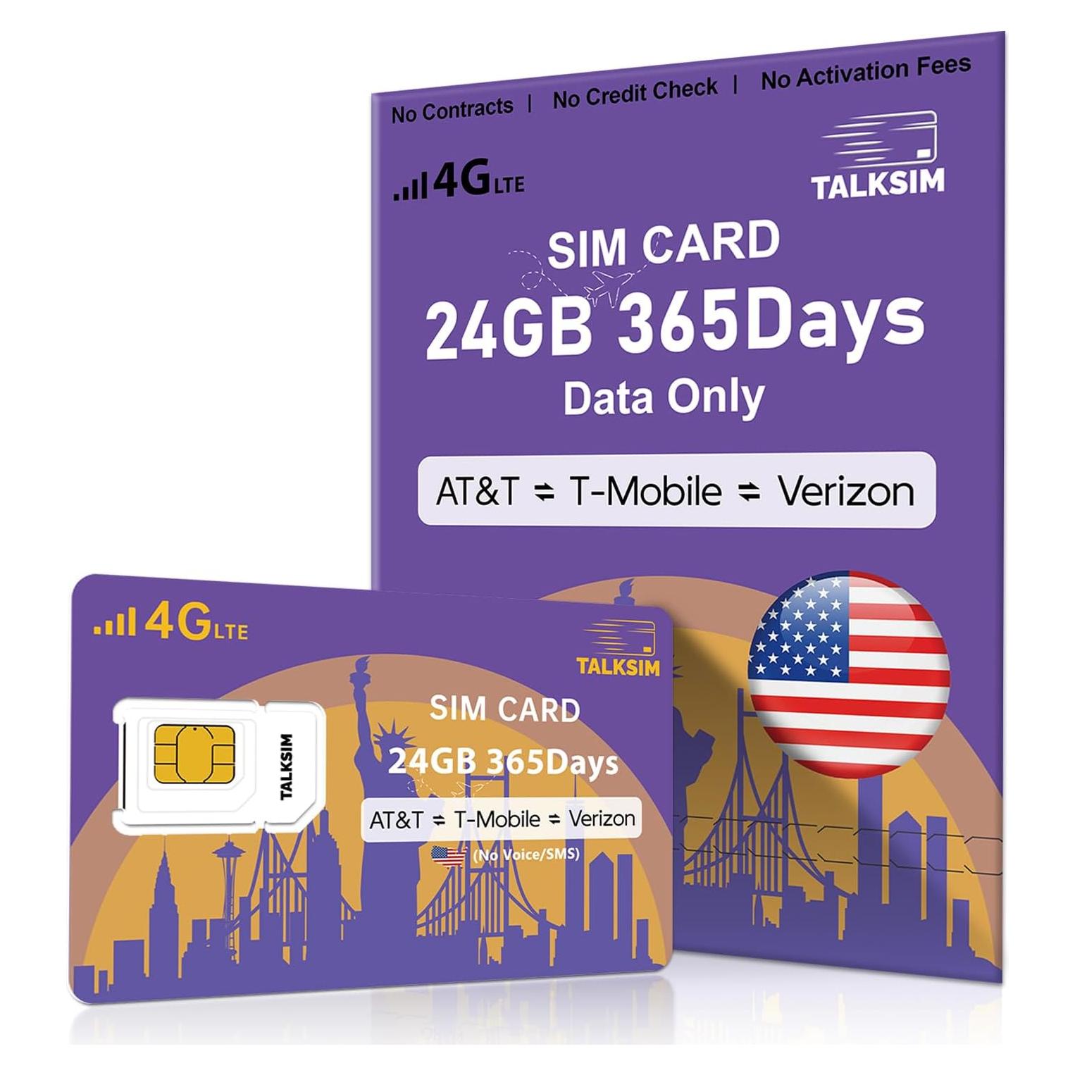 Tarjeta SIM de Datos 24GB 365D TALKSIM 4G LTE USA