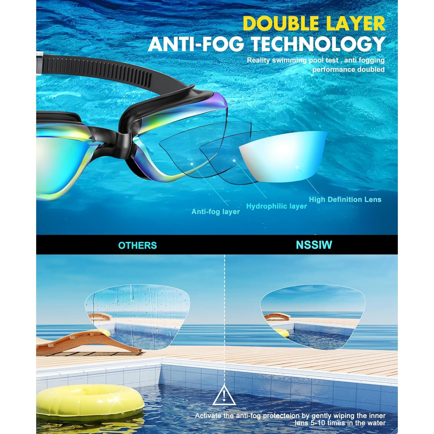Gafas de natación NSSIW para adultos - Antiempañamiento UV400 - Paquete de 3