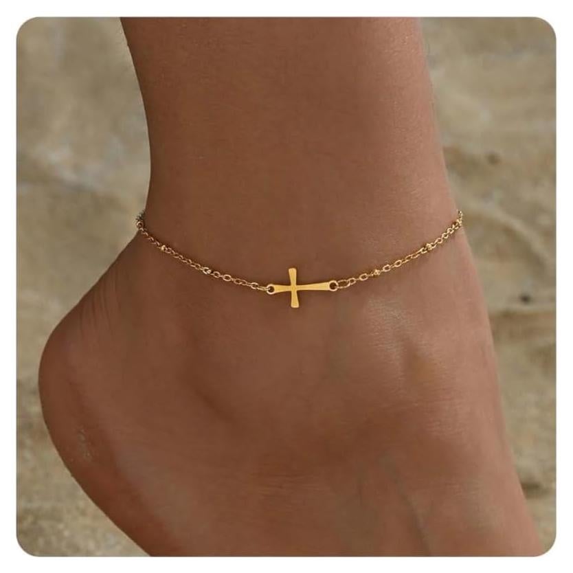 Brazalete de Tobillo Dorado Kyazeo con Cruz y Cuentas Coloridas