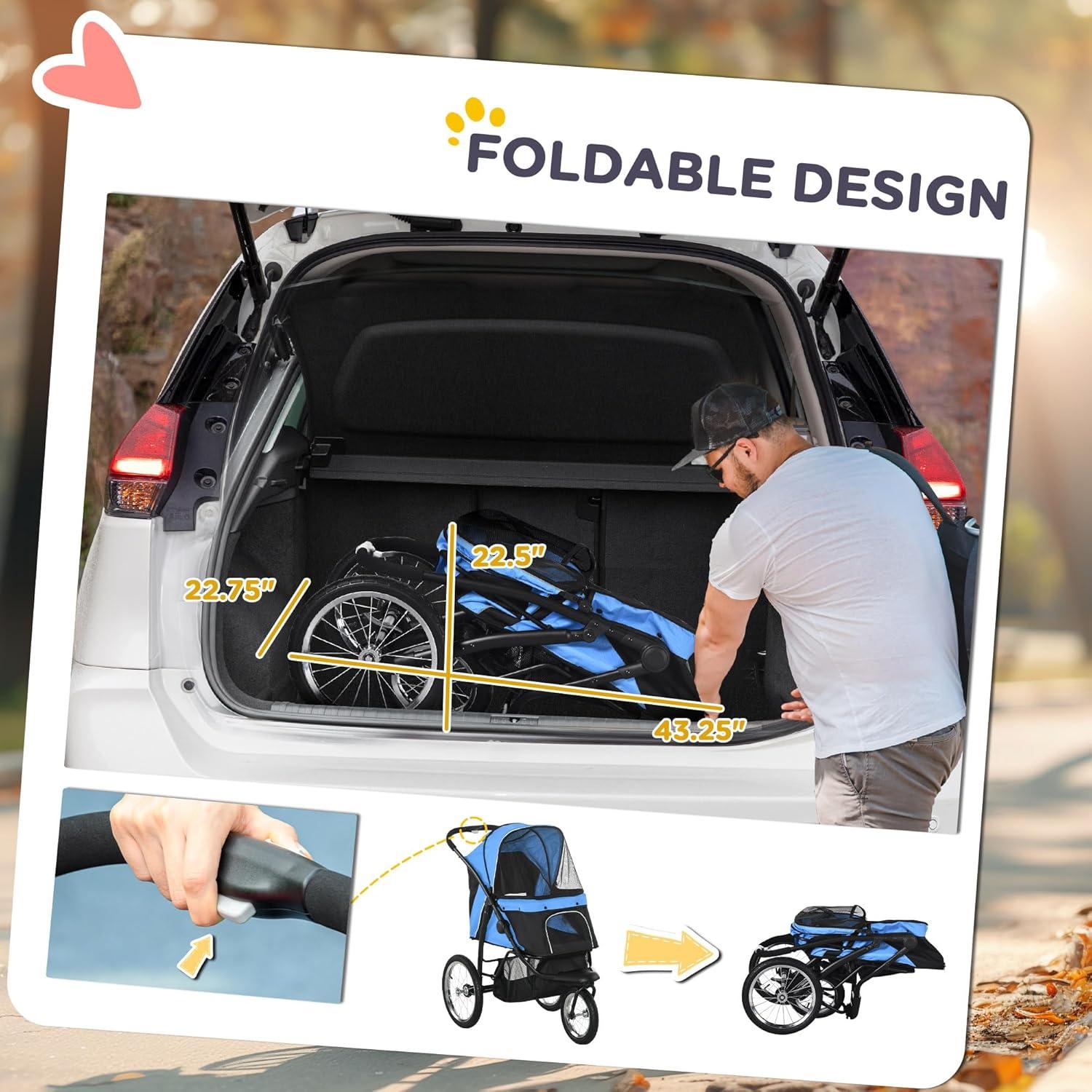 Carrito Plegable para Mascotas PawHut Azul 3 Ruedas 20 kg