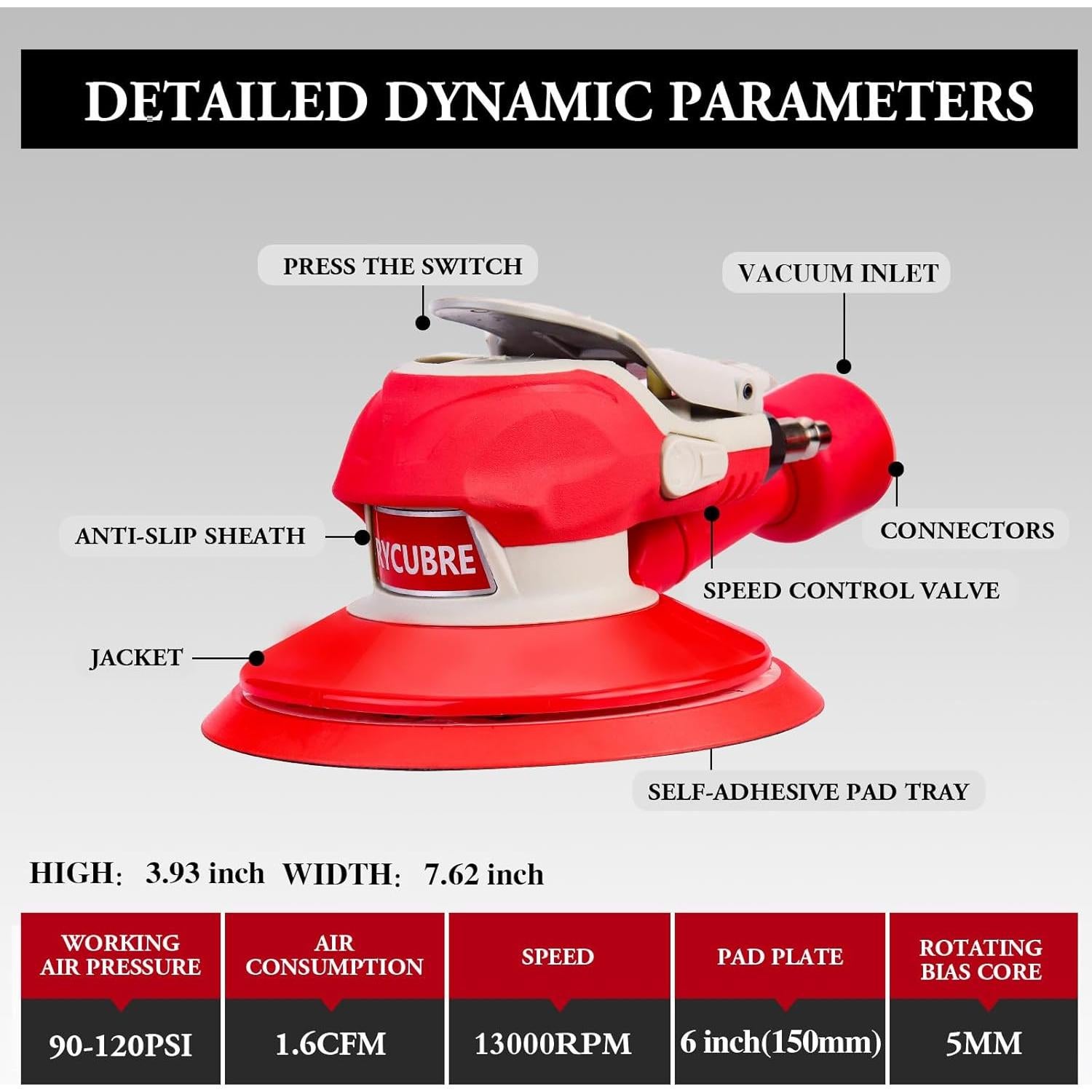 Lijadora Neumática RYCUBRE 6" con Aspiradora y Accesorios