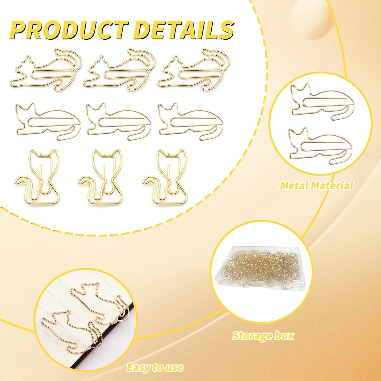 Clips de Papel Metálicos Dorados en Forma de Gato - 102 Pcs Hesena