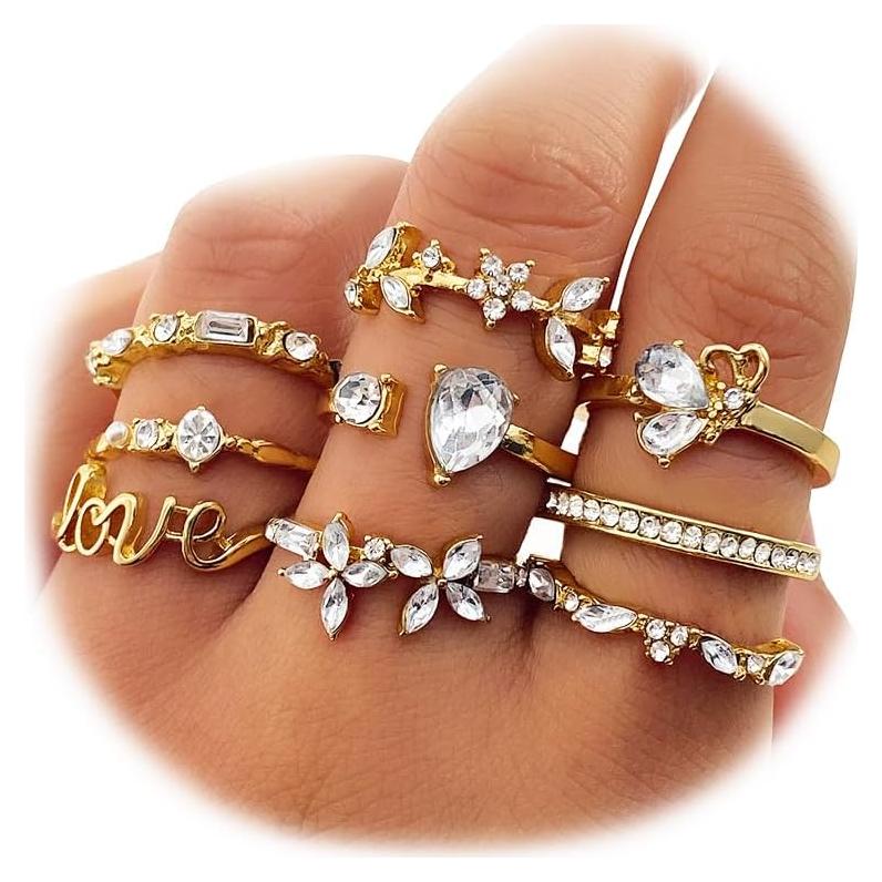 Conjunto de 9 Anillos Dorados Boho 17IF para Mujeres Brillantes