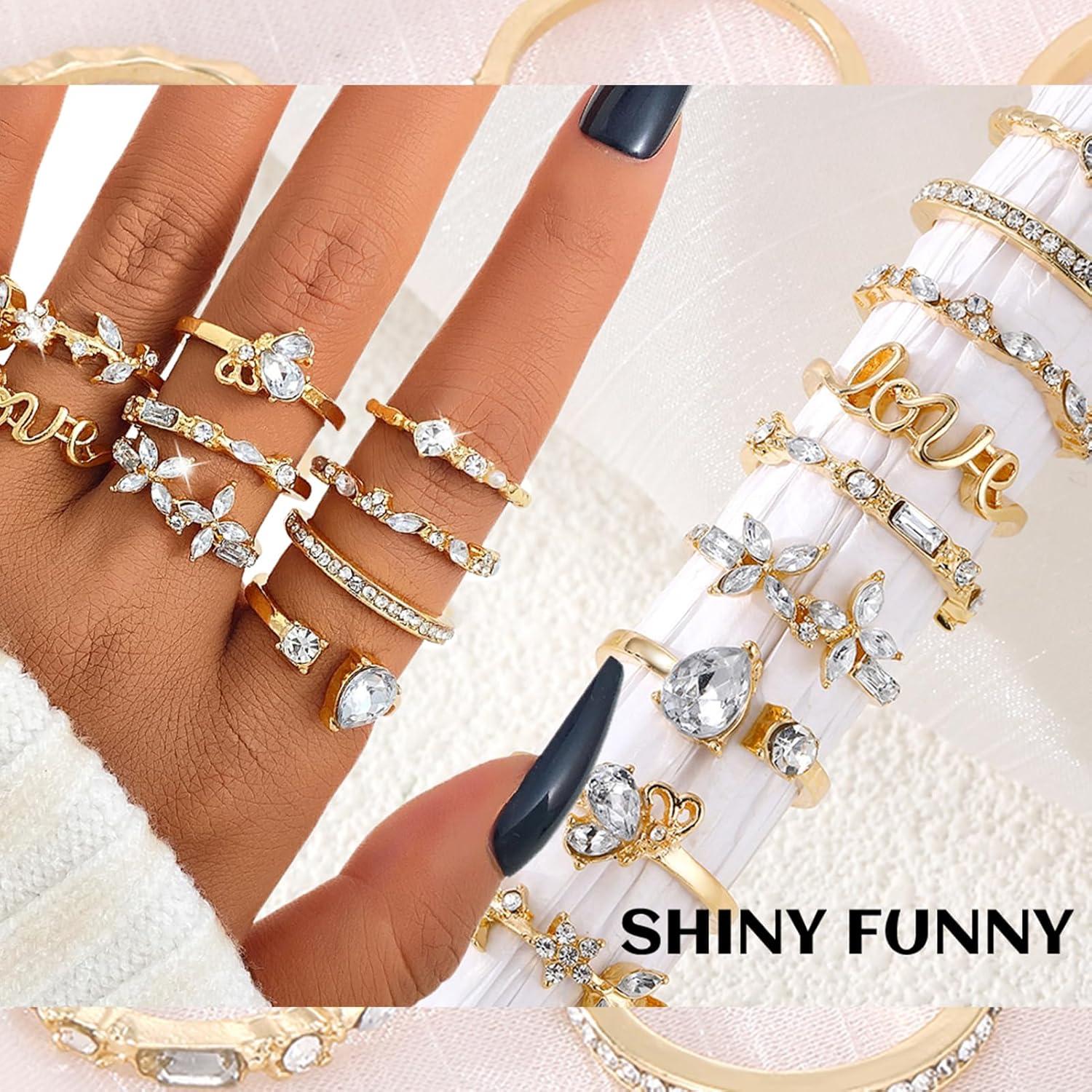 Conjunto de 9 Anillos Dorados Boho 17IF para Mujeres Brillantes