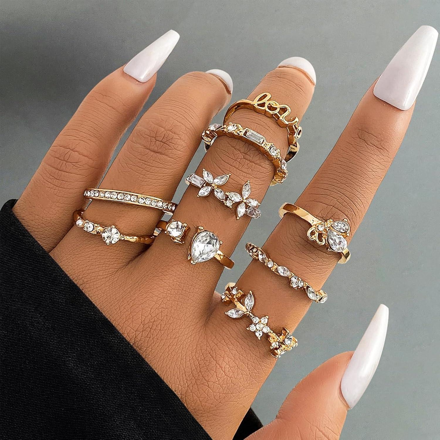 Conjunto de 9 Anillos Dorados Boho 17IF para Mujeres Brillantes