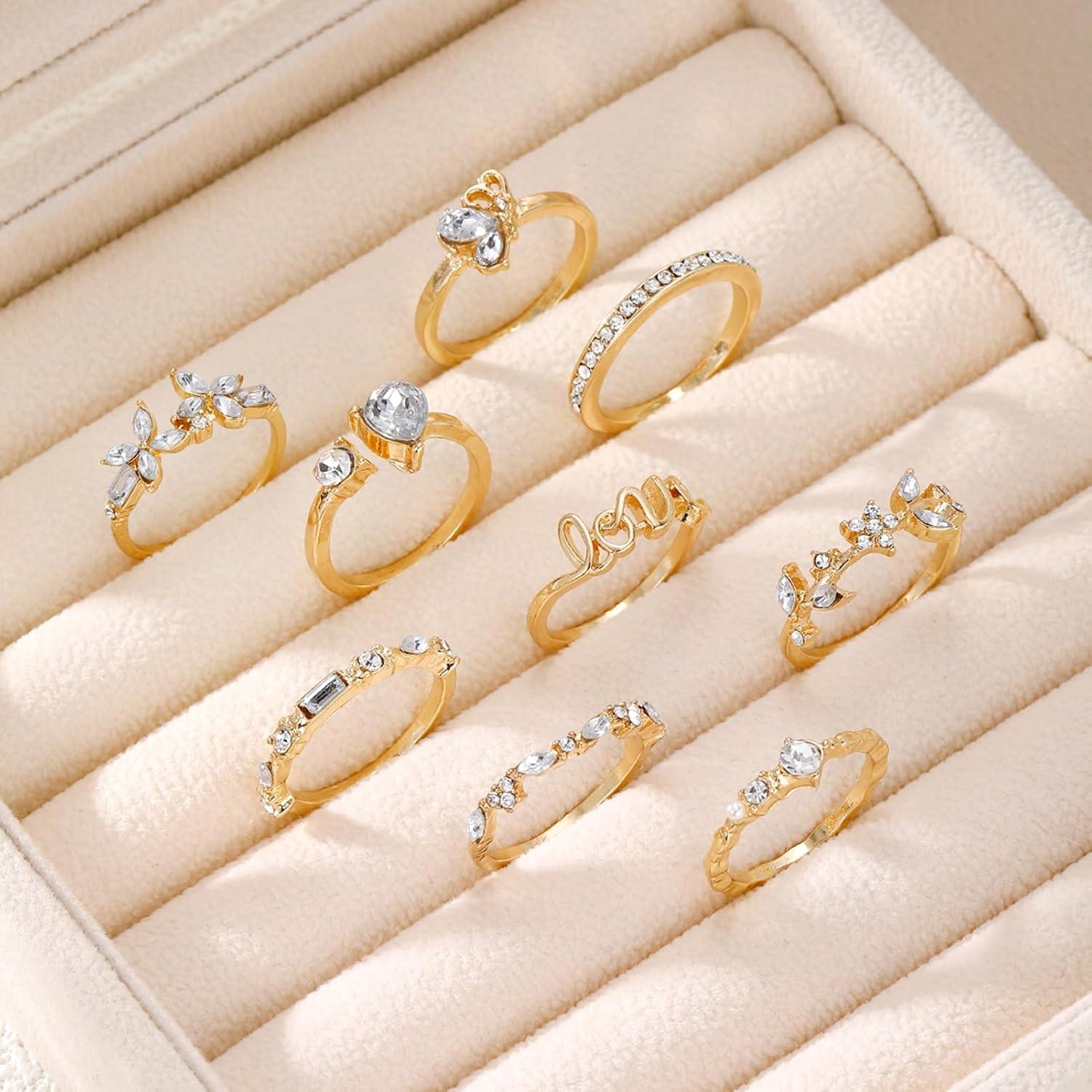 Conjunto de 9 Anillos Dorados Boho 17IF para Mujeres Brillantes