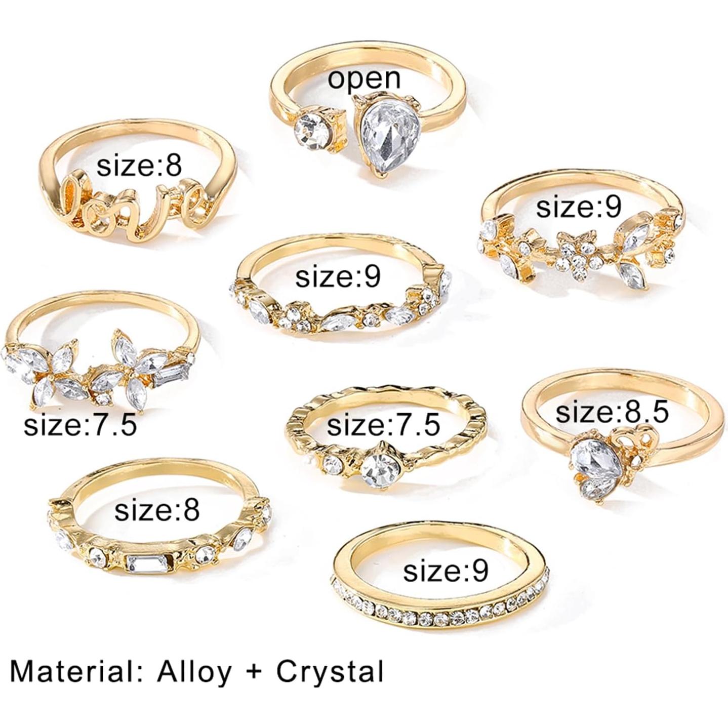 Conjunto de 9 Anillos Dorados Boho 17IF para Mujeres Brillantes