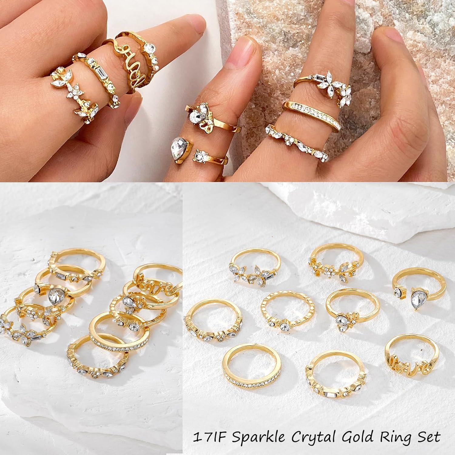Conjunto de 9 Anillos Dorados Boho 17IF para Mujeres Brillantes