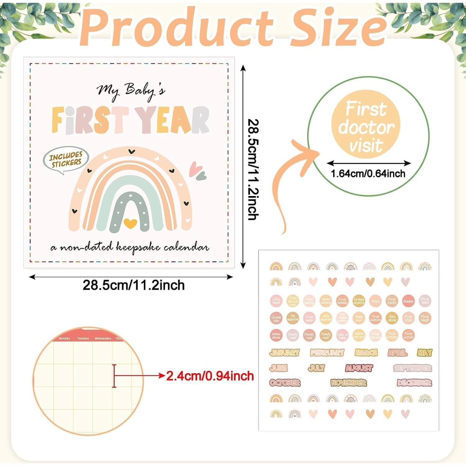 Calendario del Primer Año del Bebé Arcoíris Boho con Stickers
