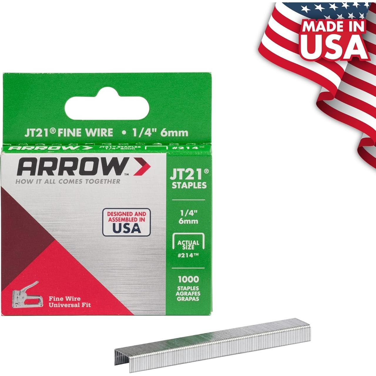 Grapas Arrow JT21 1/4" (6 mm) para pistolas de grapado, 1000 unidades