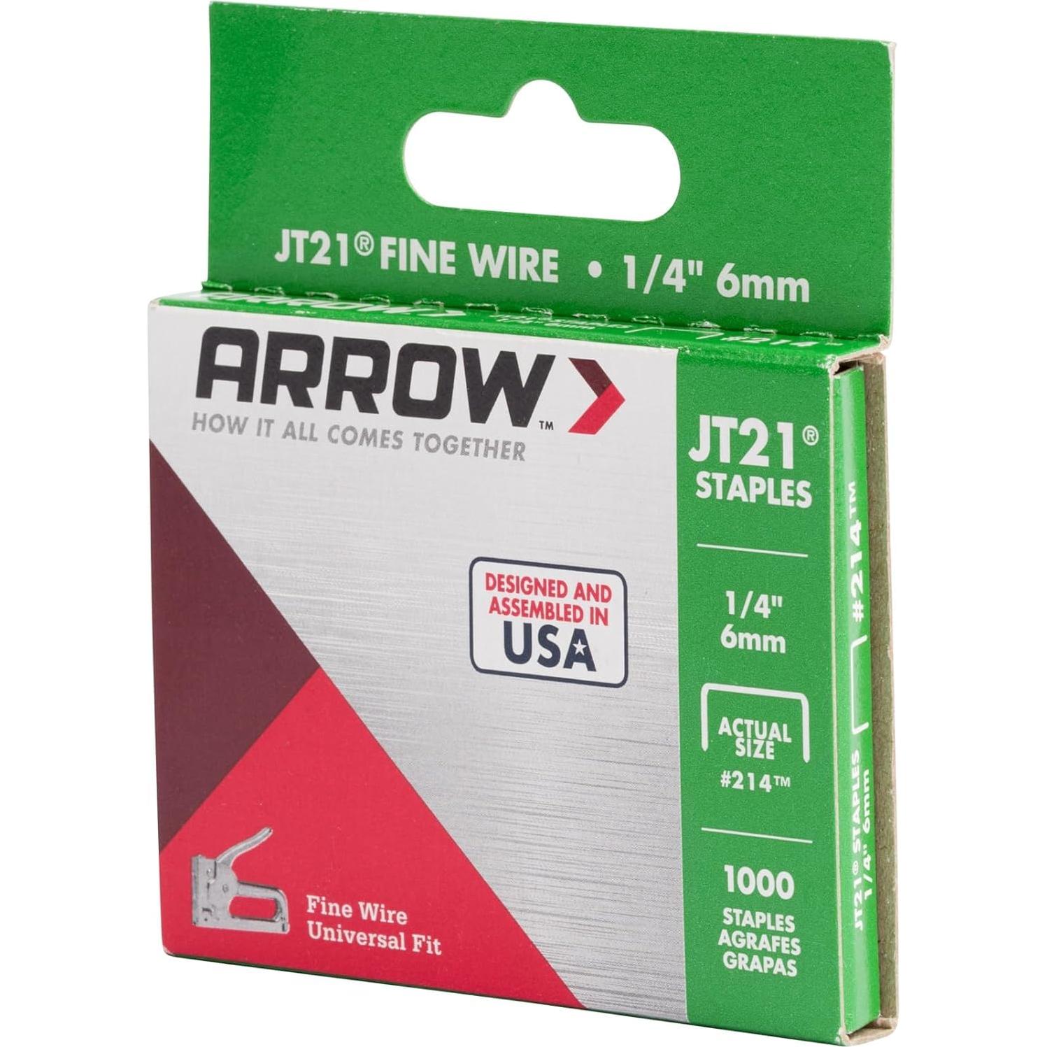 Grapas Arrow JT21 1/4" (6 mm) para pistolas de grapado, 1000 unidades