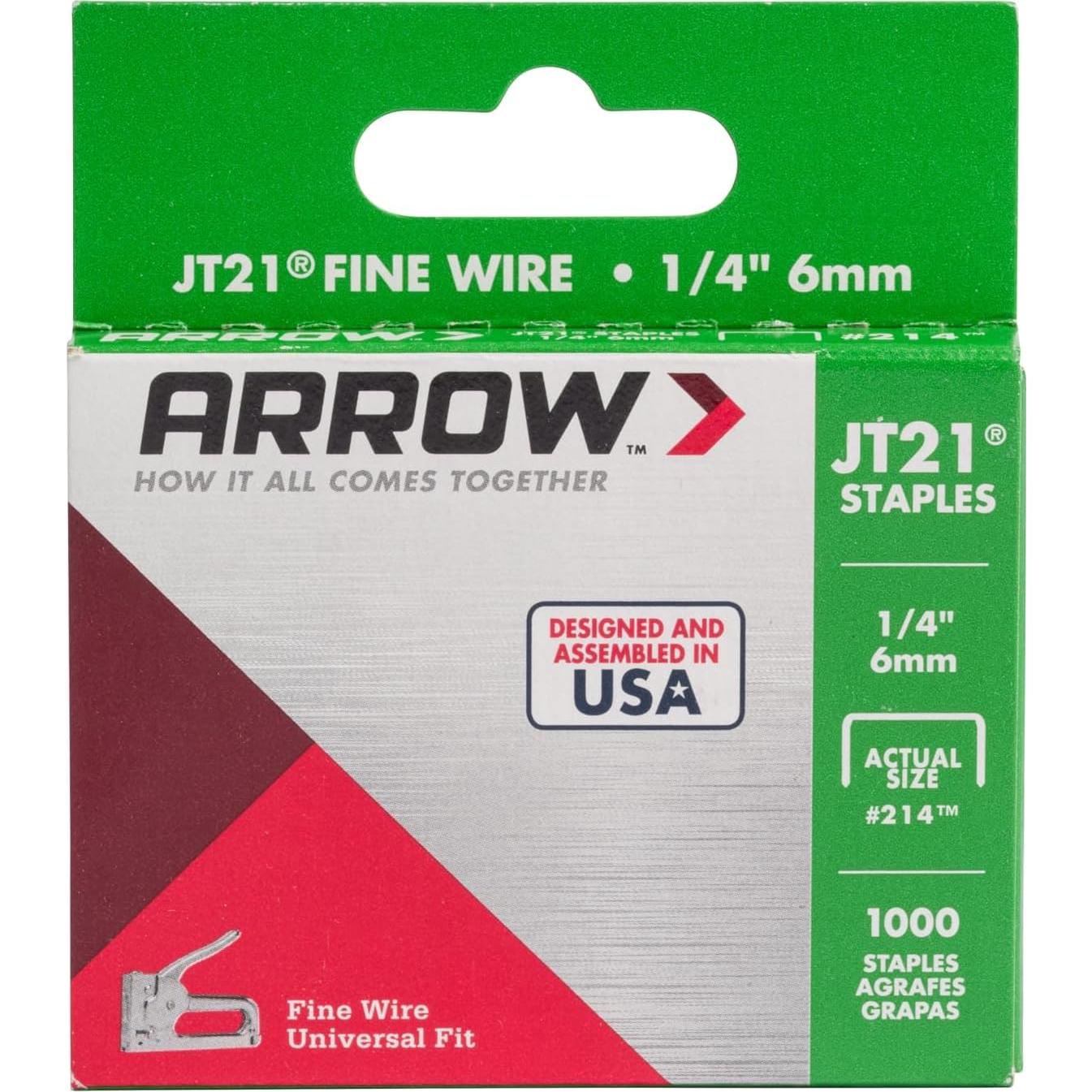 Grapas Arrow JT21 1/4" (6 mm) para pistolas de grapado, 1000 unidades