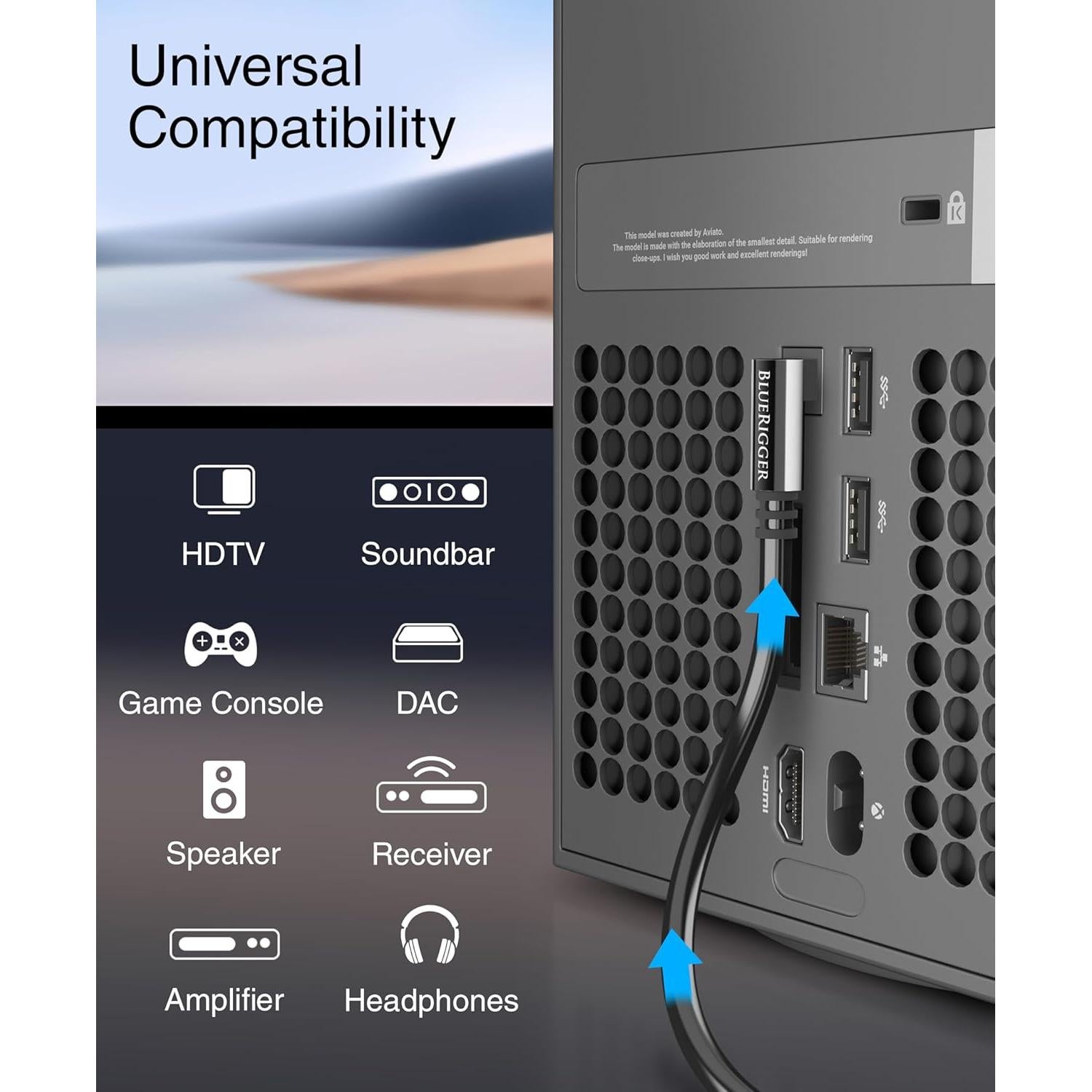 Cable de Audio Óptico Toslink BlueRigger 90° 1m - Fibra Óptica