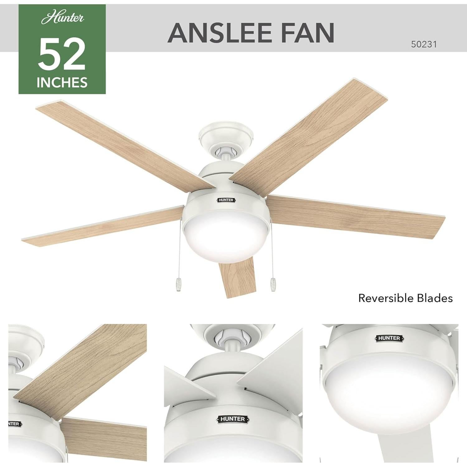 Ventilador de Techo Hunter Anslee 52" Blanco LED Control Remoto
