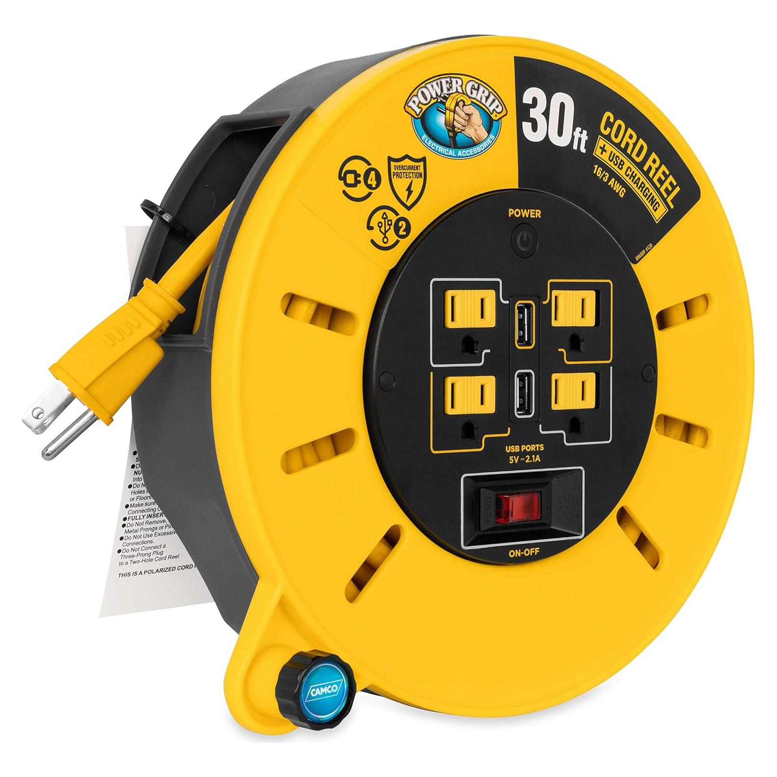 Carrete de Cable de Extensión Camco 9.14m 10A 125V 4 Salidas USB