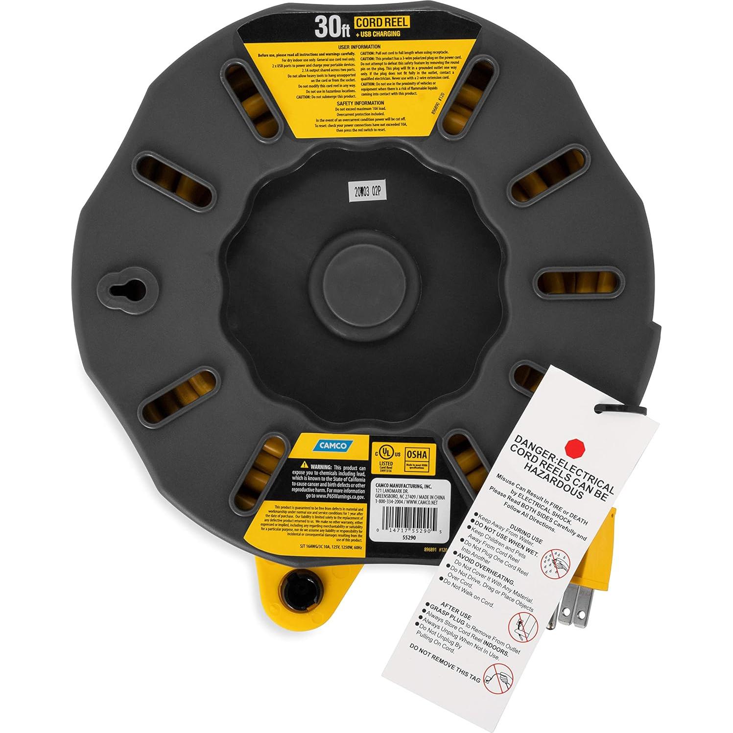 Carrete de Cable de Extensión Camco 9.14m 10A 125V 4 Salidas USB