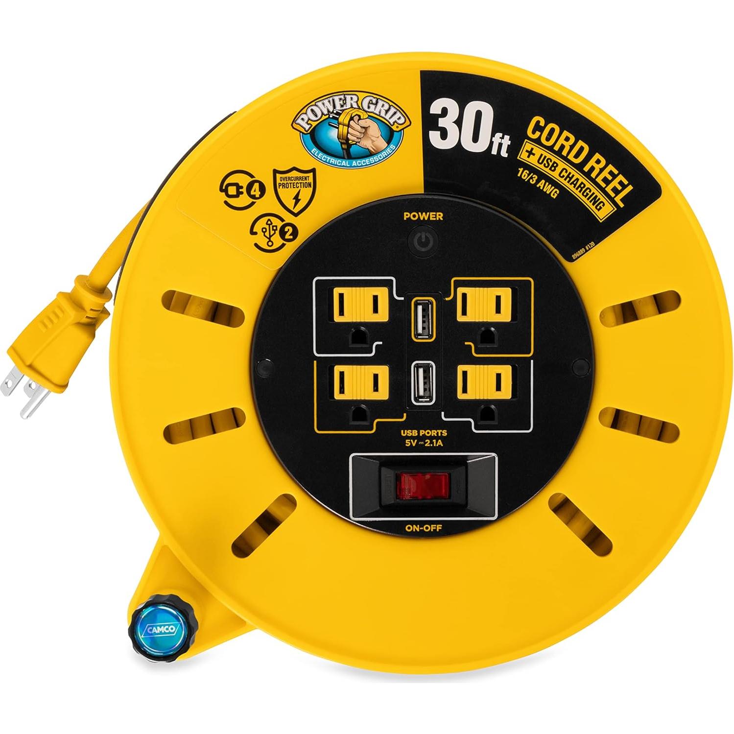 Carrete de Cable de Extensión Camco 9.14m 10A 125V 4 Salidas USB