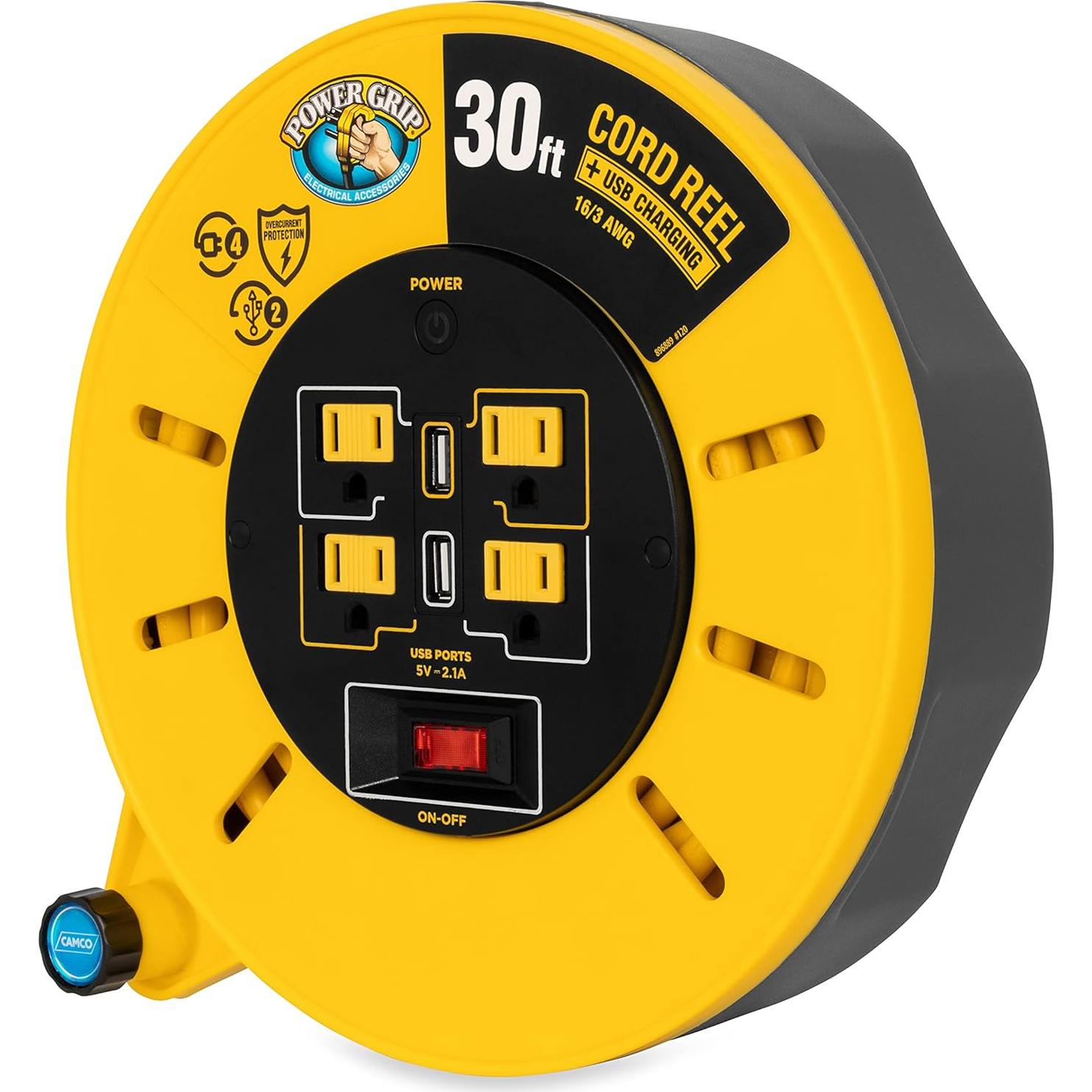 Carrete de Cable de Extensión Camco 9.14m 10A 125V 4 Salidas USB