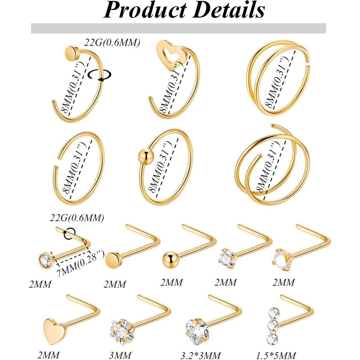 21 Anillos de Nariz 22G Vegolita Acero Inoxidable Hipoalergénico