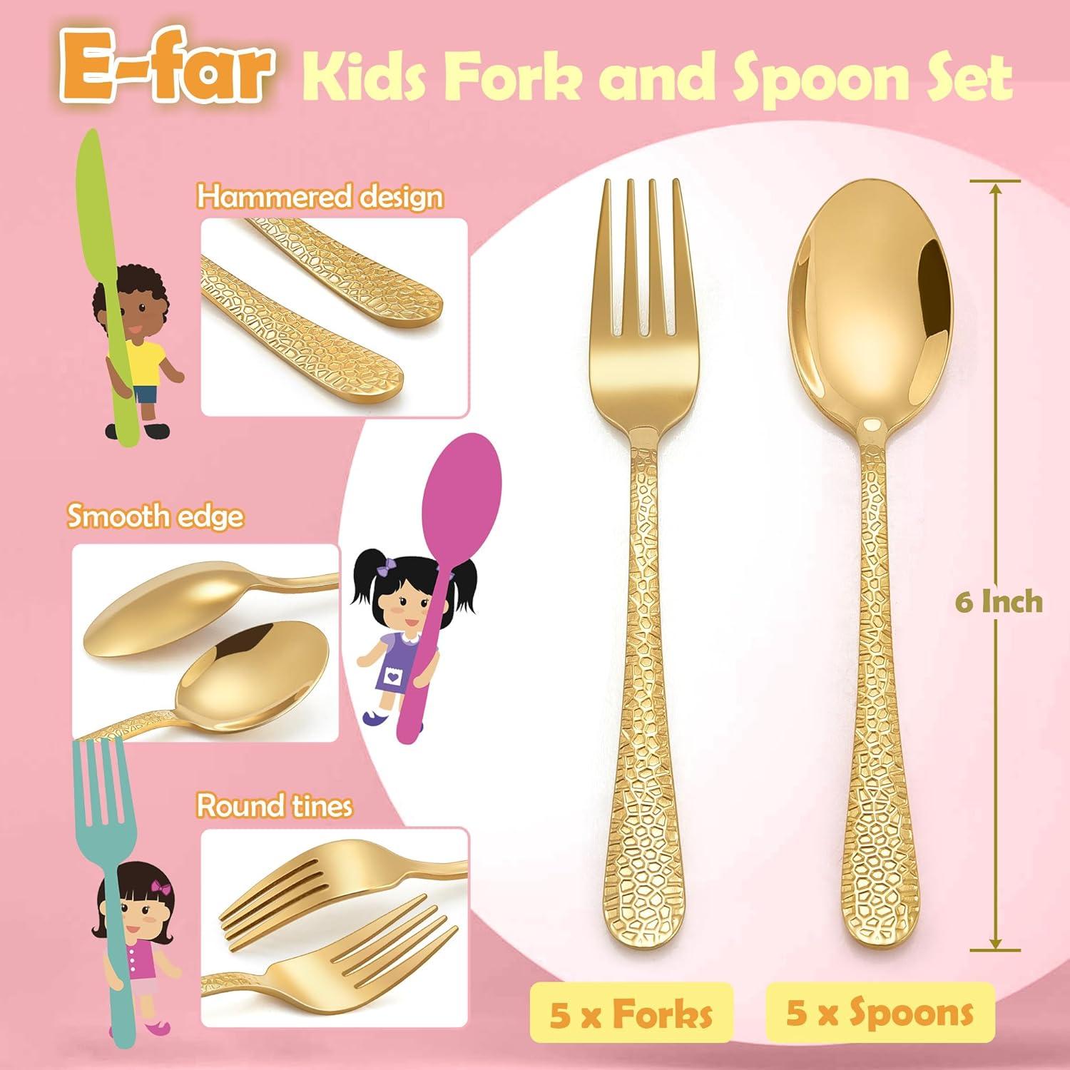 Juego de Cubiertos para Niños E-far 10 Piezas Acero Inoxidable Dorado