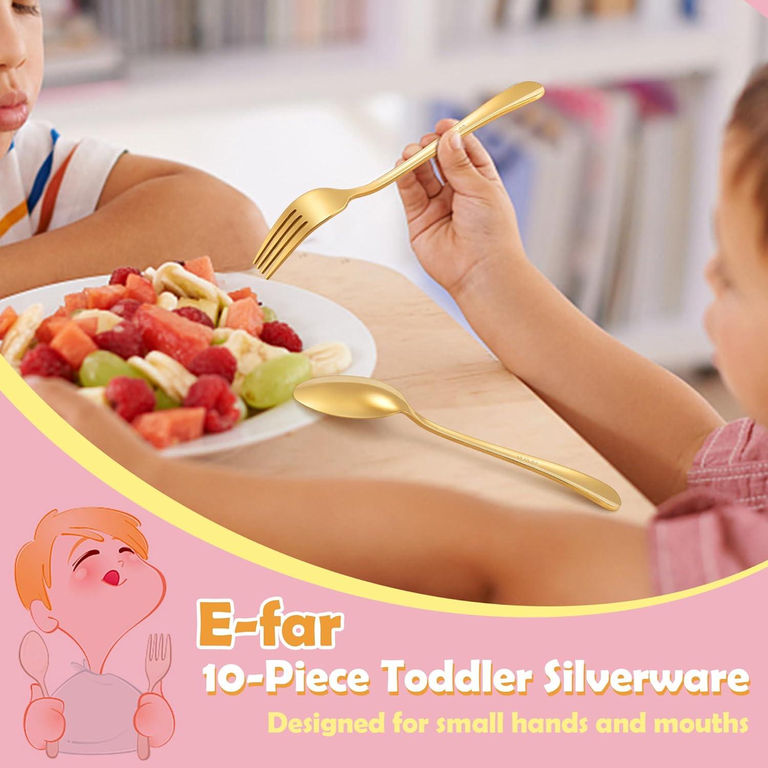 Juego de Cubiertos para Niños E-far 10 Piezas Acero Inoxidable Dorado