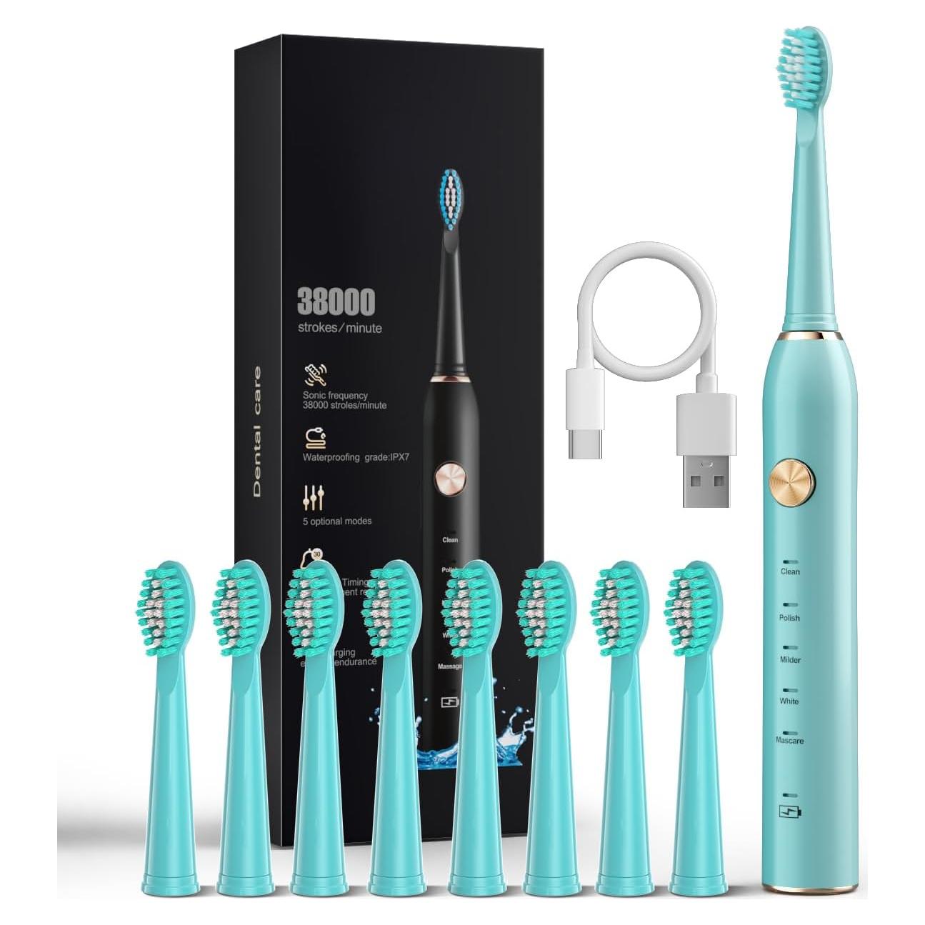 Cepillo de dientes eléctrico sónico AJELU verde con 5 modos