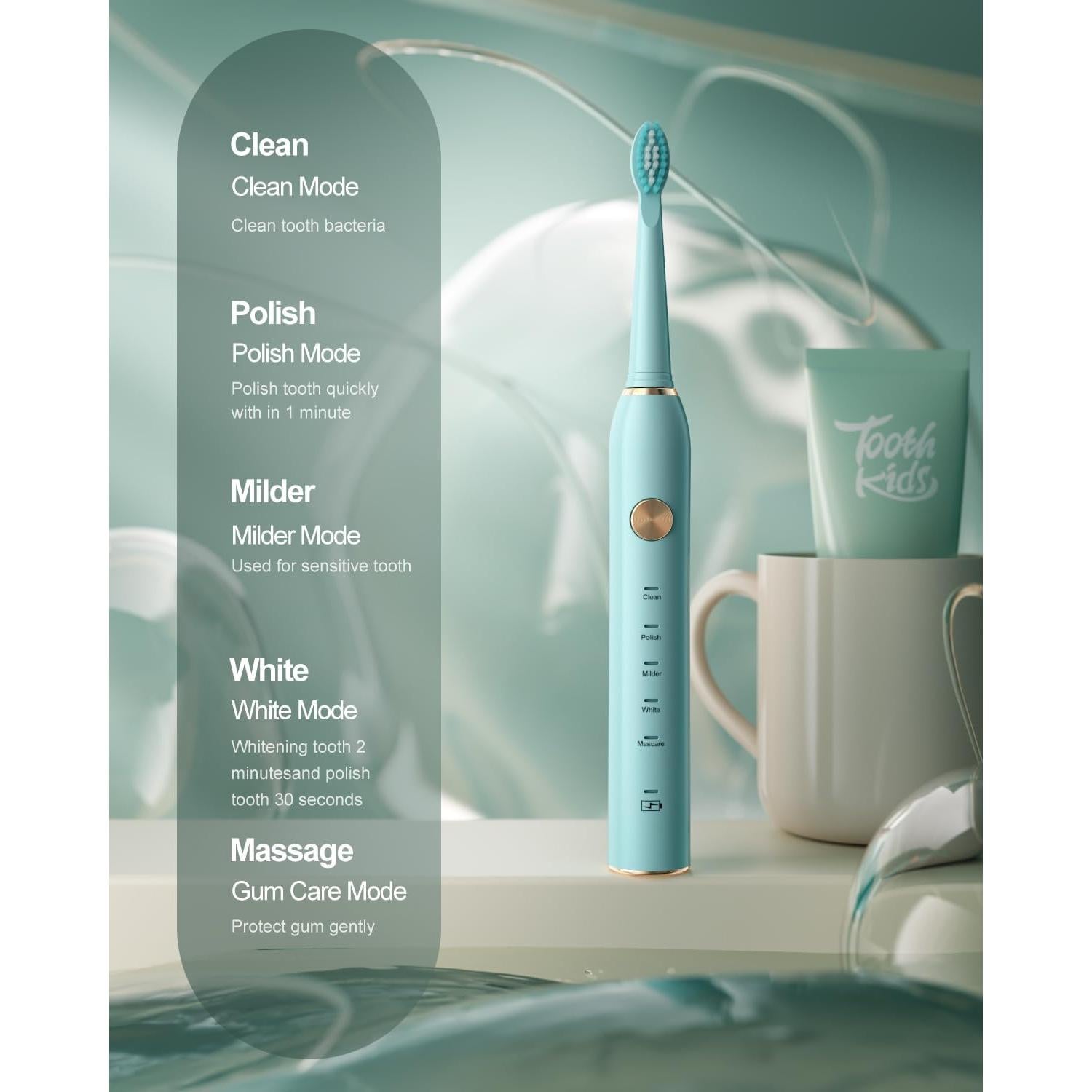 Cepillo de dientes eléctrico sónico AJELU verde con 5 modos