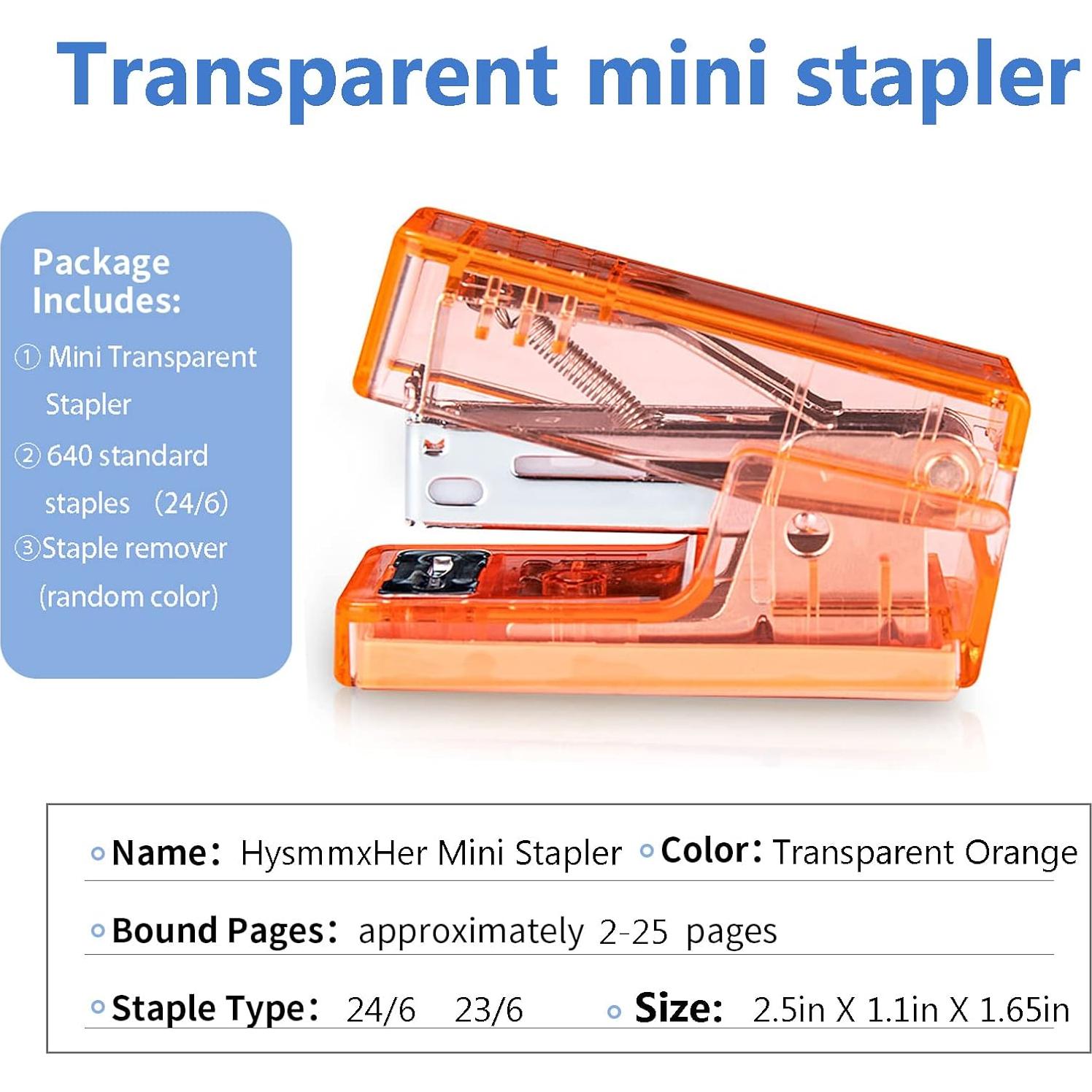 Mini Grapadora HysmmxHer Naranja Transparente 25 Hojas 640 Grapas