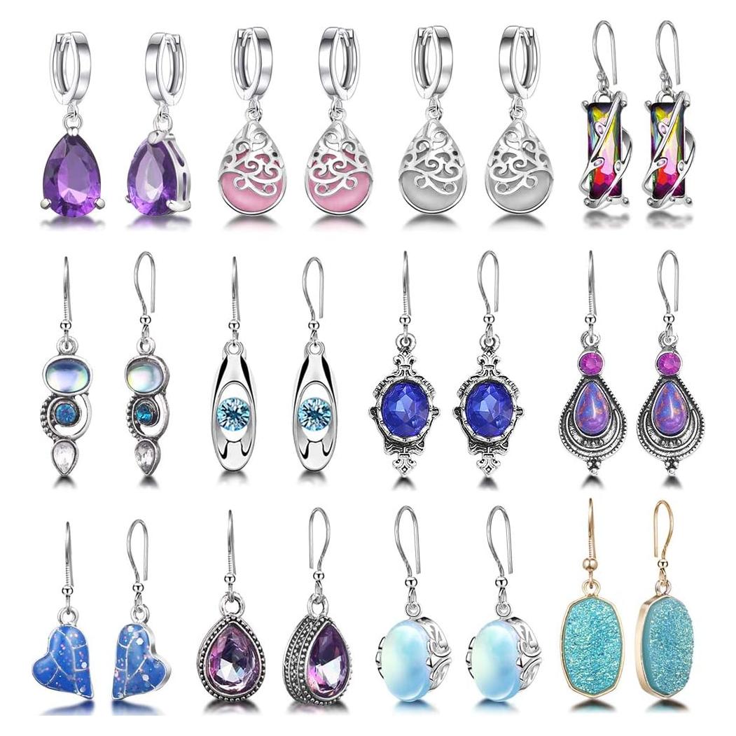 Hefanny 12 Pares Pendientes Colgantes de Cristal Drusa para Mujeres