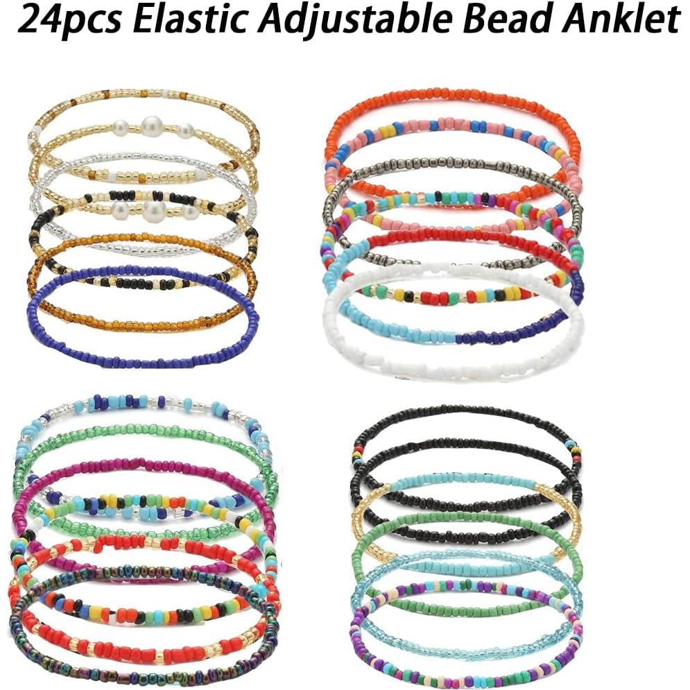 Juego de 24 Tobilleras de Cuentas Boho para Mujeres - Estilo Africano