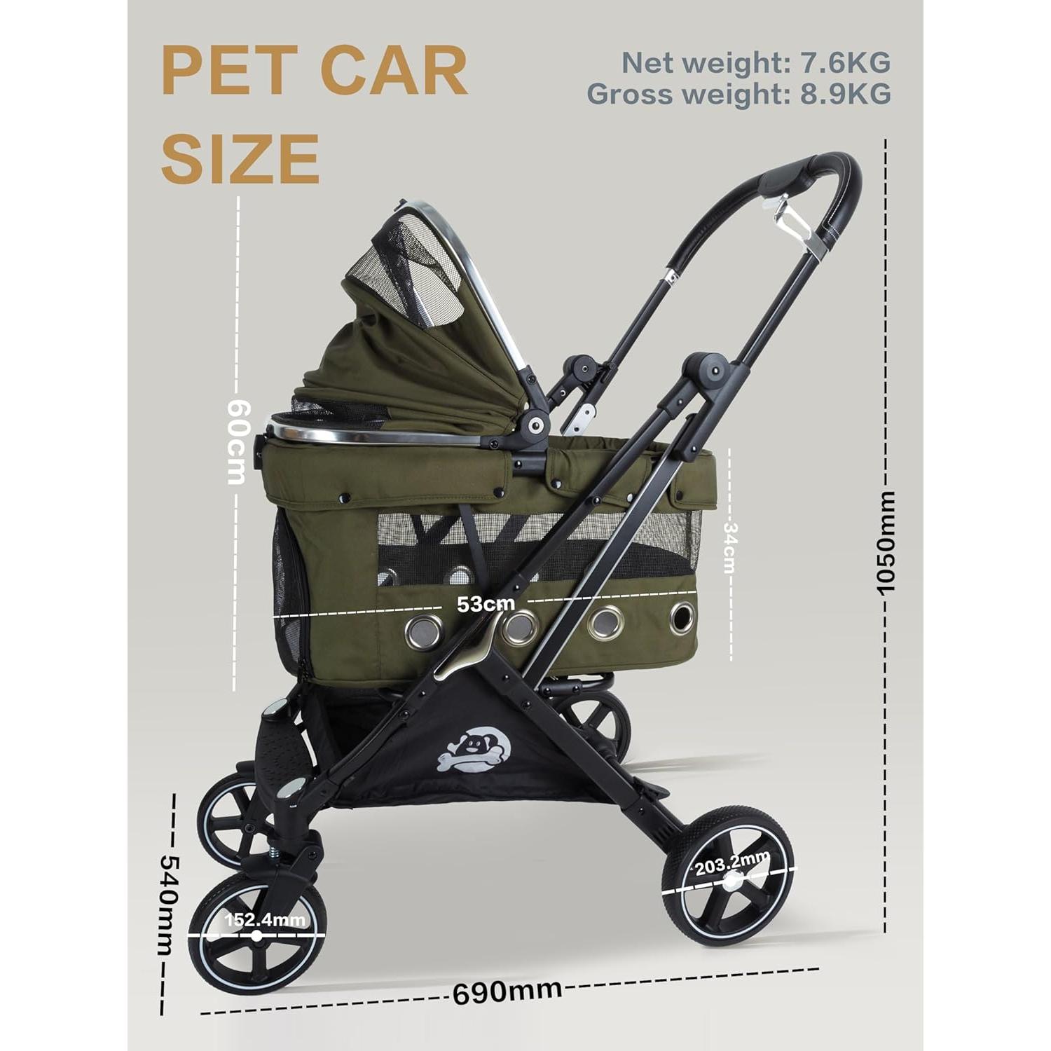 Carrito de Mascotas JK Pawadore Plegable Verde Militar 15kg